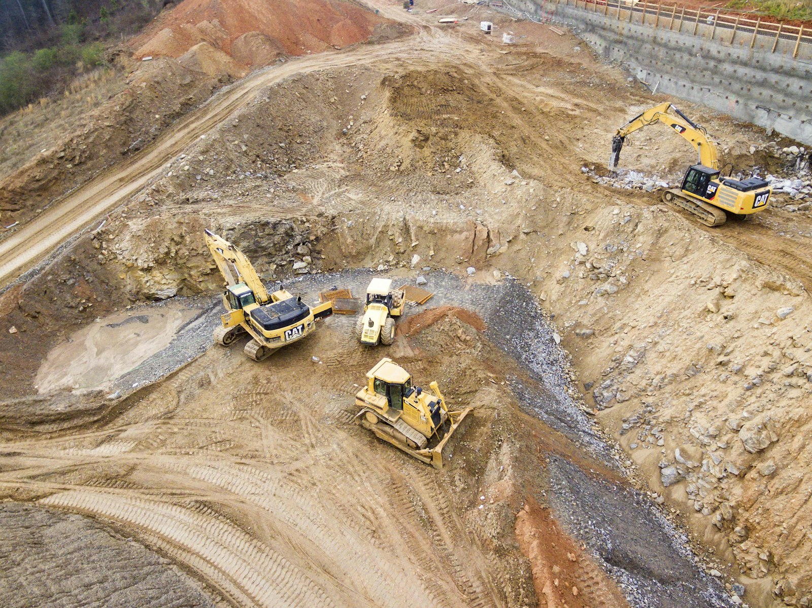 Aerial view of earthmoving machinery at work