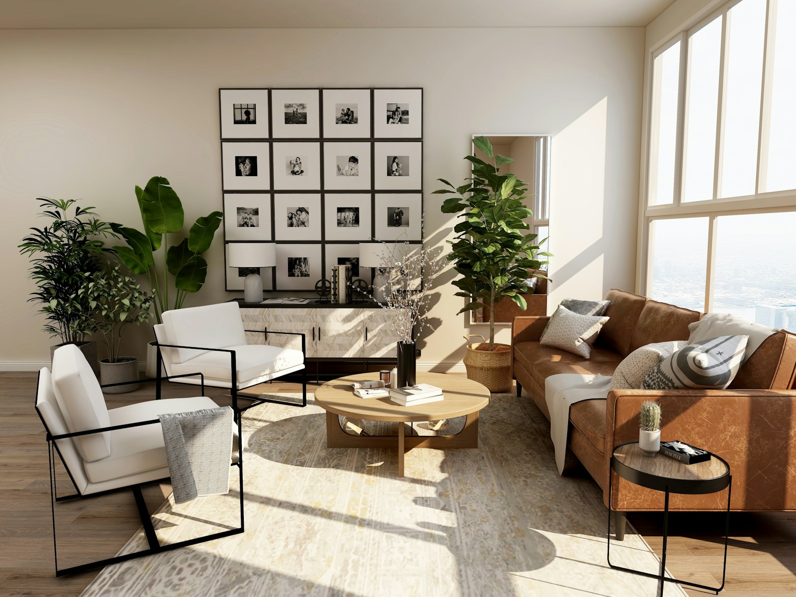 Warm, finished living room interior with timber and soft lighting