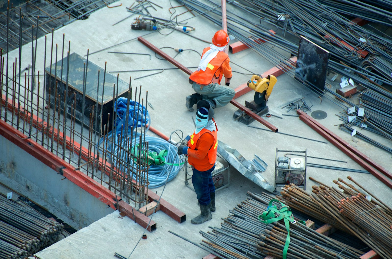 Construction crew working on site from above